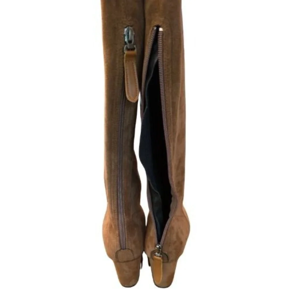 Womens Sz 40 Brown Faux Suede Over The Knee Block Heel Pointed Toe Zip Boots